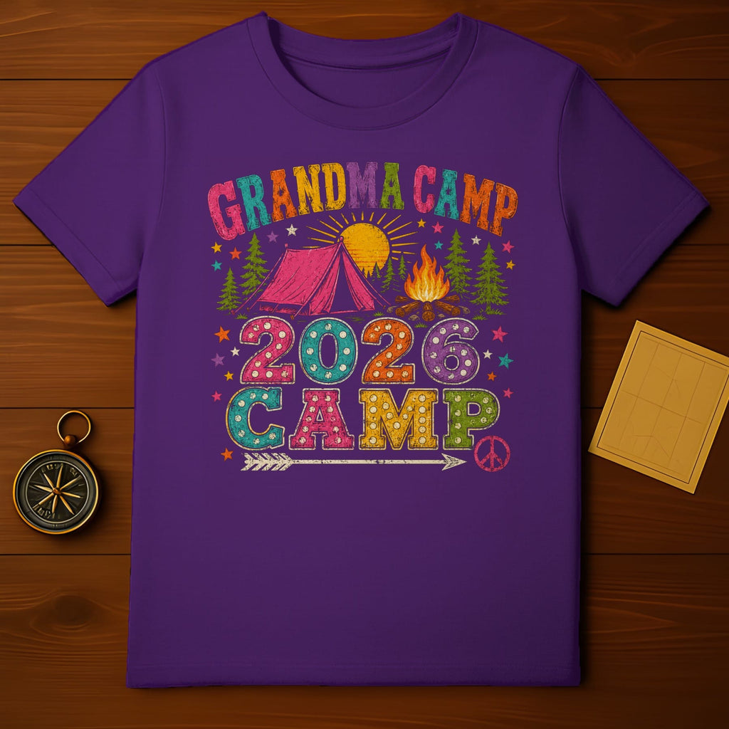 Purple t-shirt with "Grandma Camp 2026 Camp" text, tent, campfire, and trees.