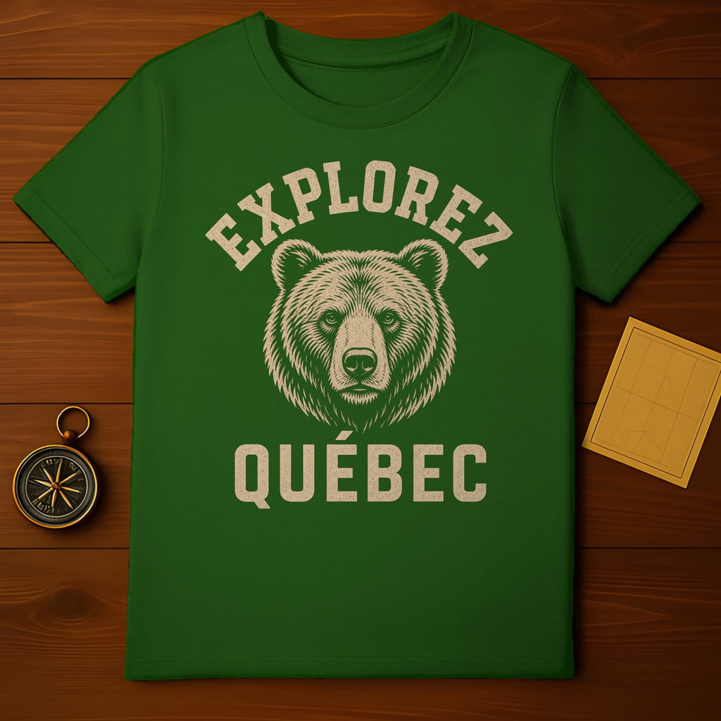Green t-shirt with bear graphic and "Explorez Québec" text.