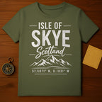 Green t-shirt with "Isle of Skye Scotland" and coordinates in white text.