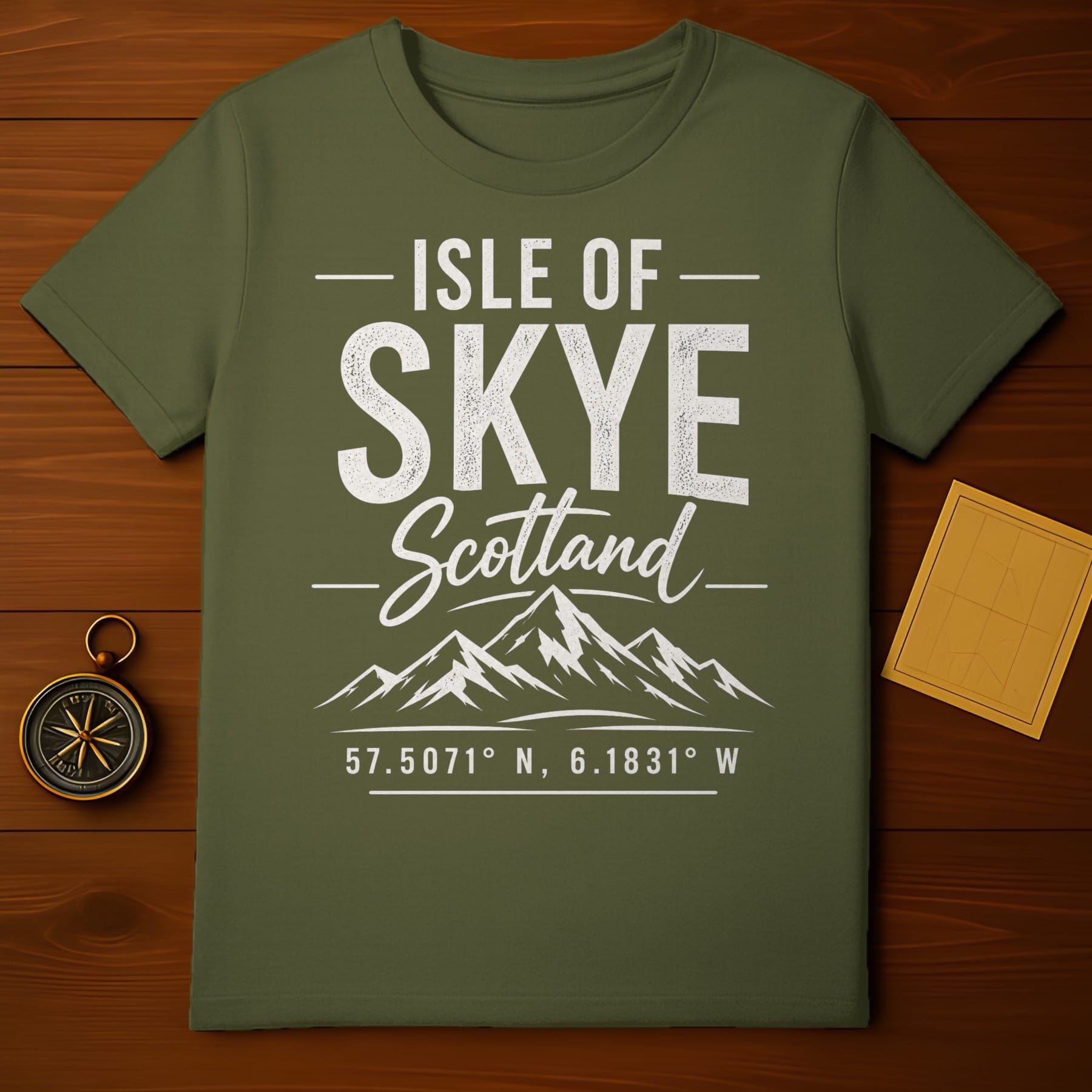 Green t-shirt with "Isle of Skye Scotland" and coordinates in white text.