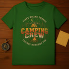 Green t-shirt with "Camping Crew" text, campfire, tent, and nature scene.
