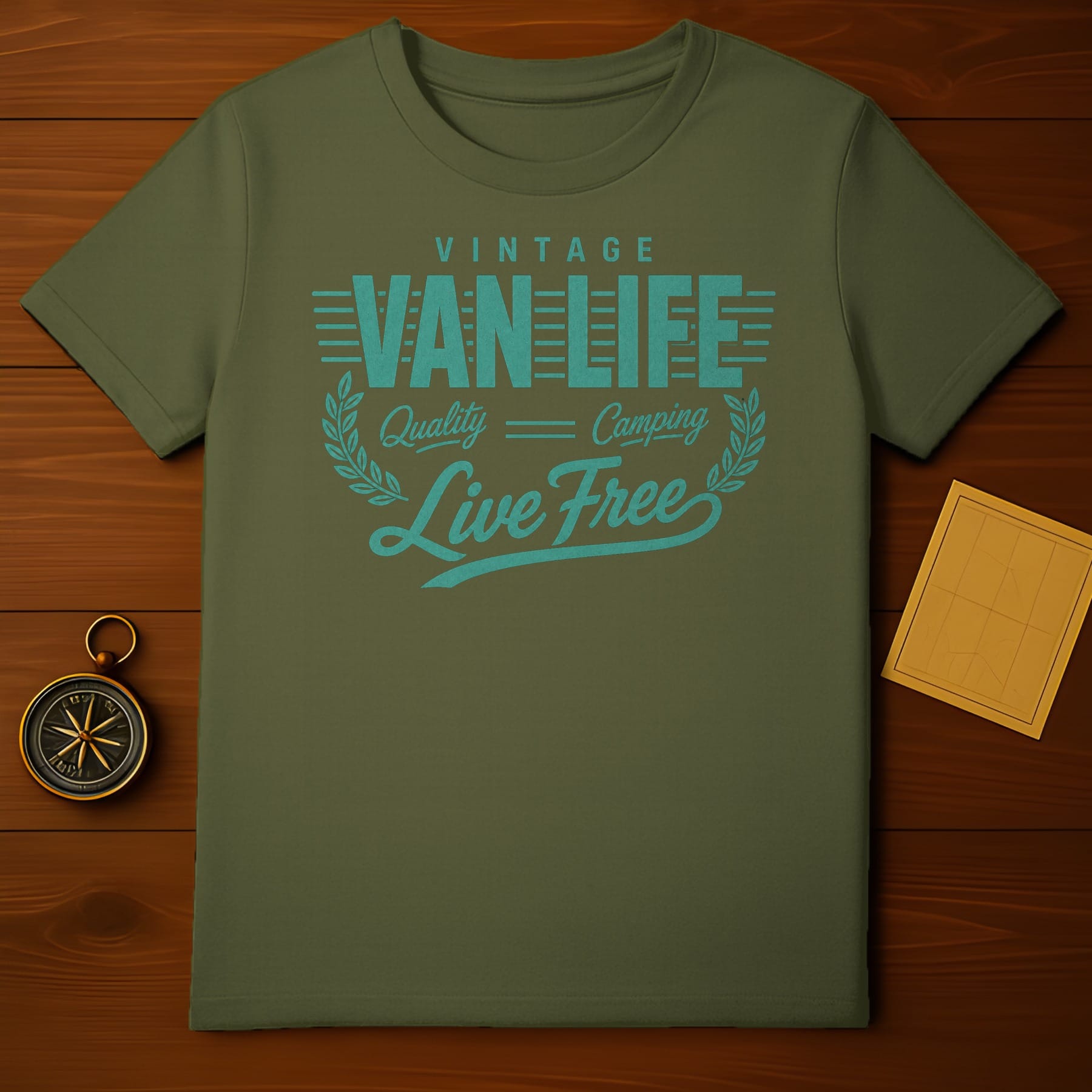 Olive green t-shirt with "Vintage Van Life Quality Camping Live Free" text.