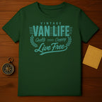 Green t-shirt with "Vintage Van Life Quality Camping Live Free" text design.