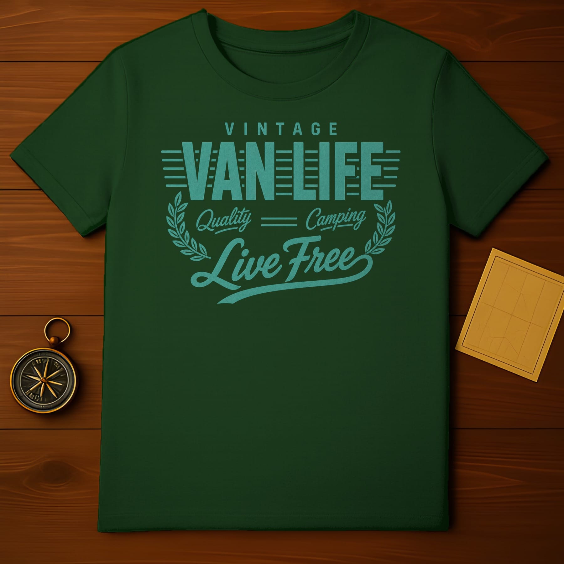 Green t-shirt with "Vintage Van Life Quality Camping Live Free" text design.