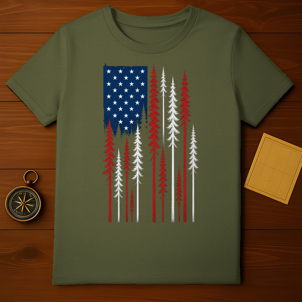 Olive t-shirt with distressed American flag and pine trees graphic.