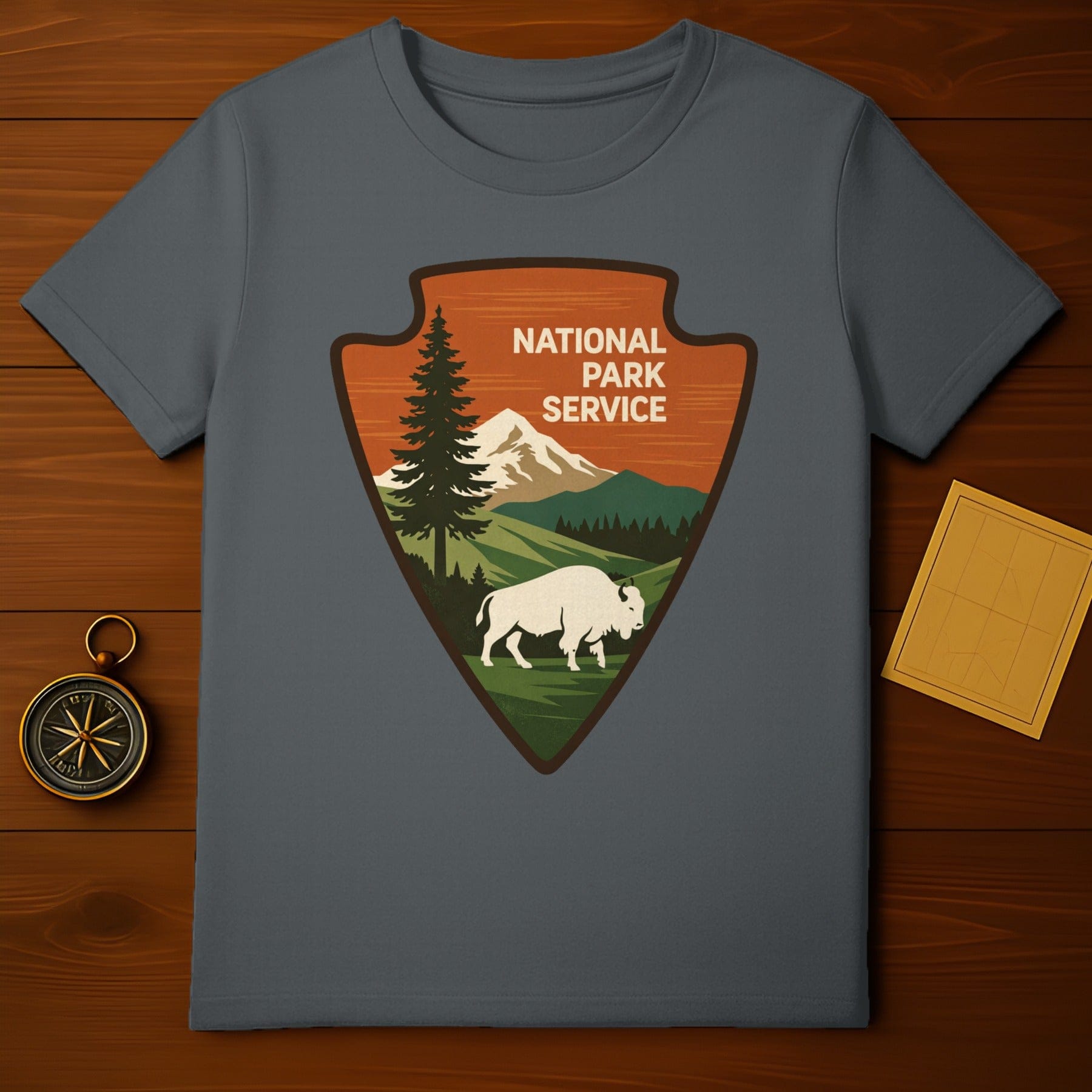 National Park Service Arrowhead Design T-Shirt product type
National Park Service, Arrowhead logo, Bison graphic, Mountains design, Pine tree art, Forest scenery, Nature inspired, Outdoor adventure, Wilderness travel, Camping apparel, Hiking shirt, Vintage style, Retro print, National parks, Buffalo art, Park theme, Gray t-shirt, Scenic landscape, Heritage design, Exploration gift