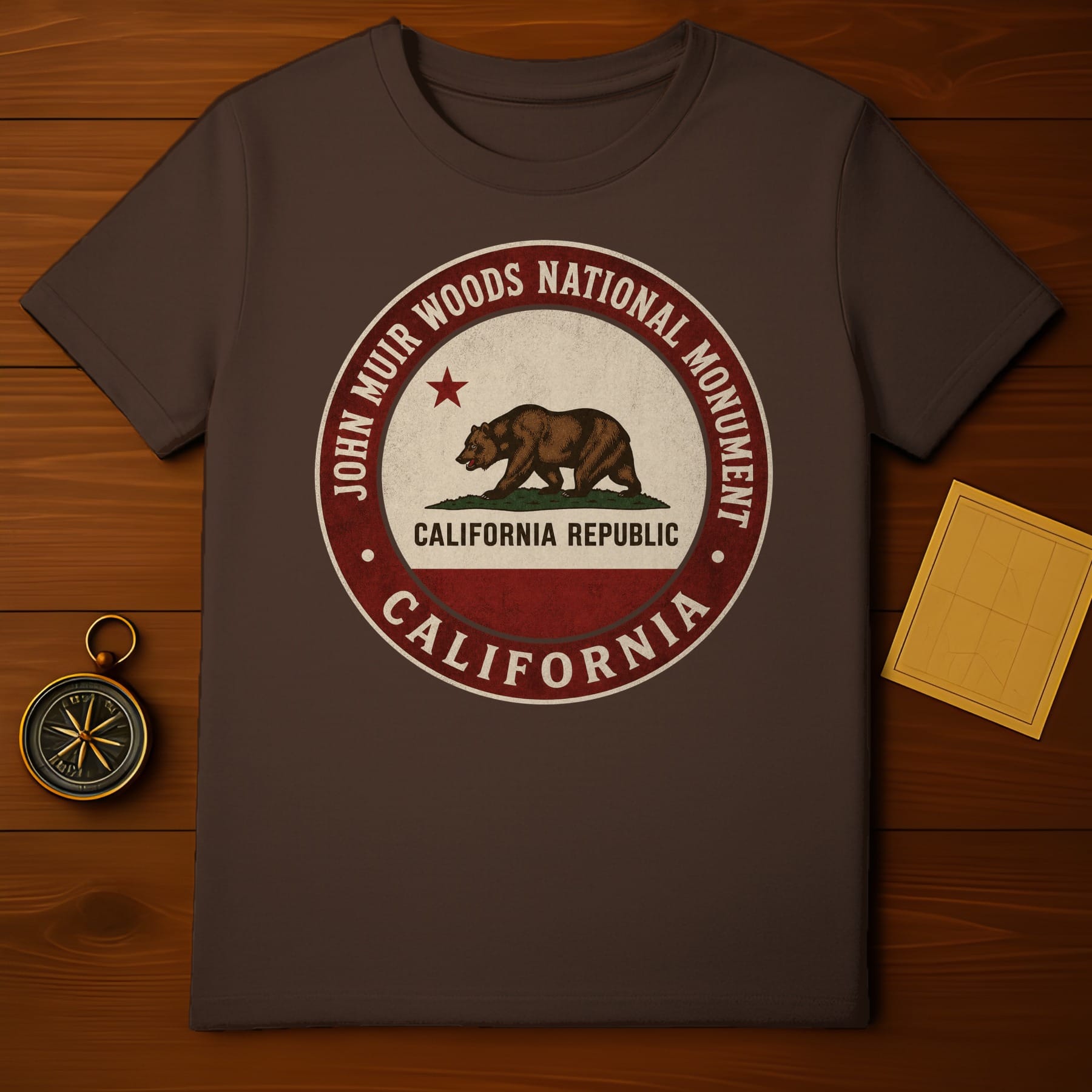 Brown t-shirt with John Muir Woods California Republic circular emblem.
