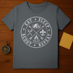 Gray t-shirt with circular Scout emblem reading "Eat Sleep Scout Repeat."