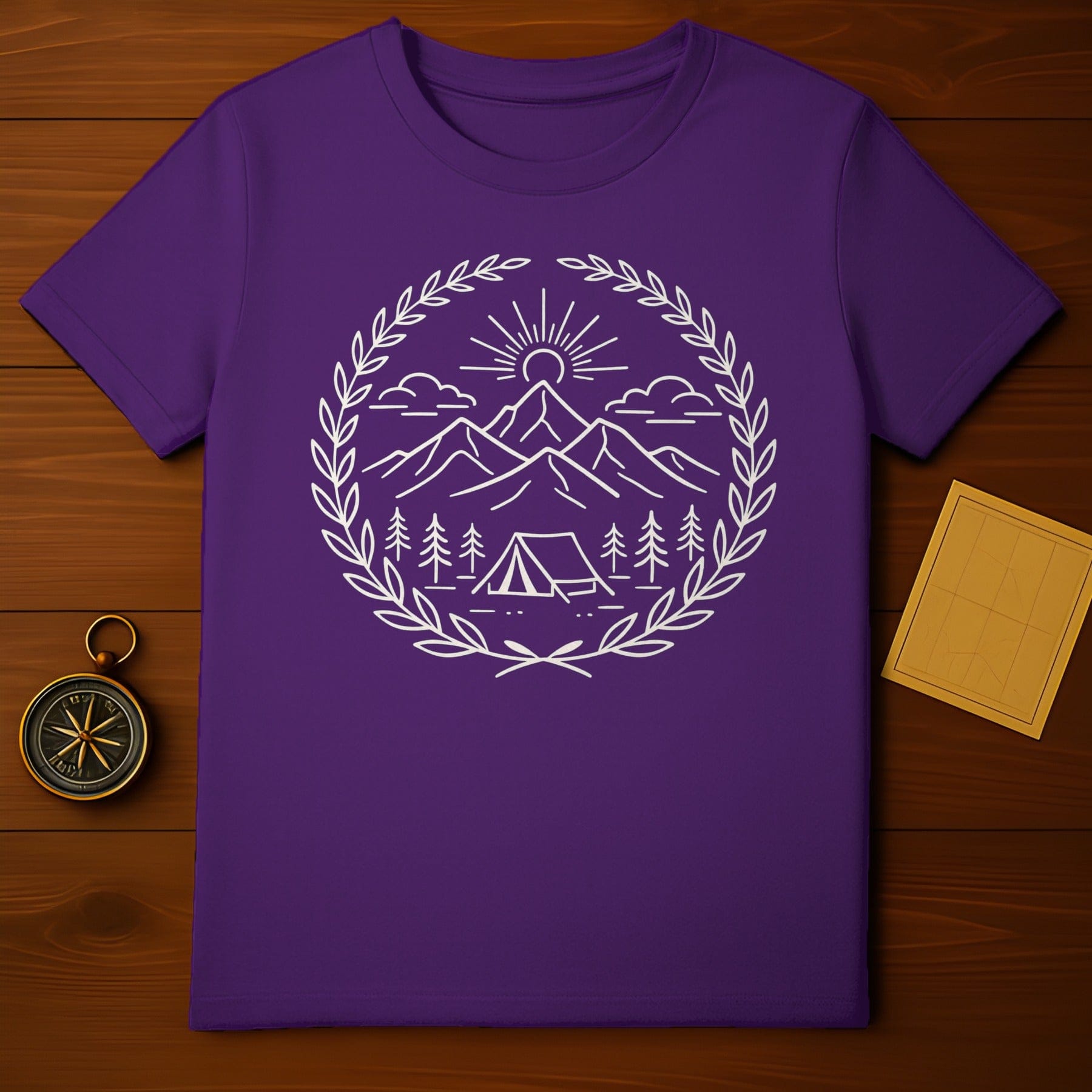 Purple T-Shirt with Mountain Camp Tent Design Shirt