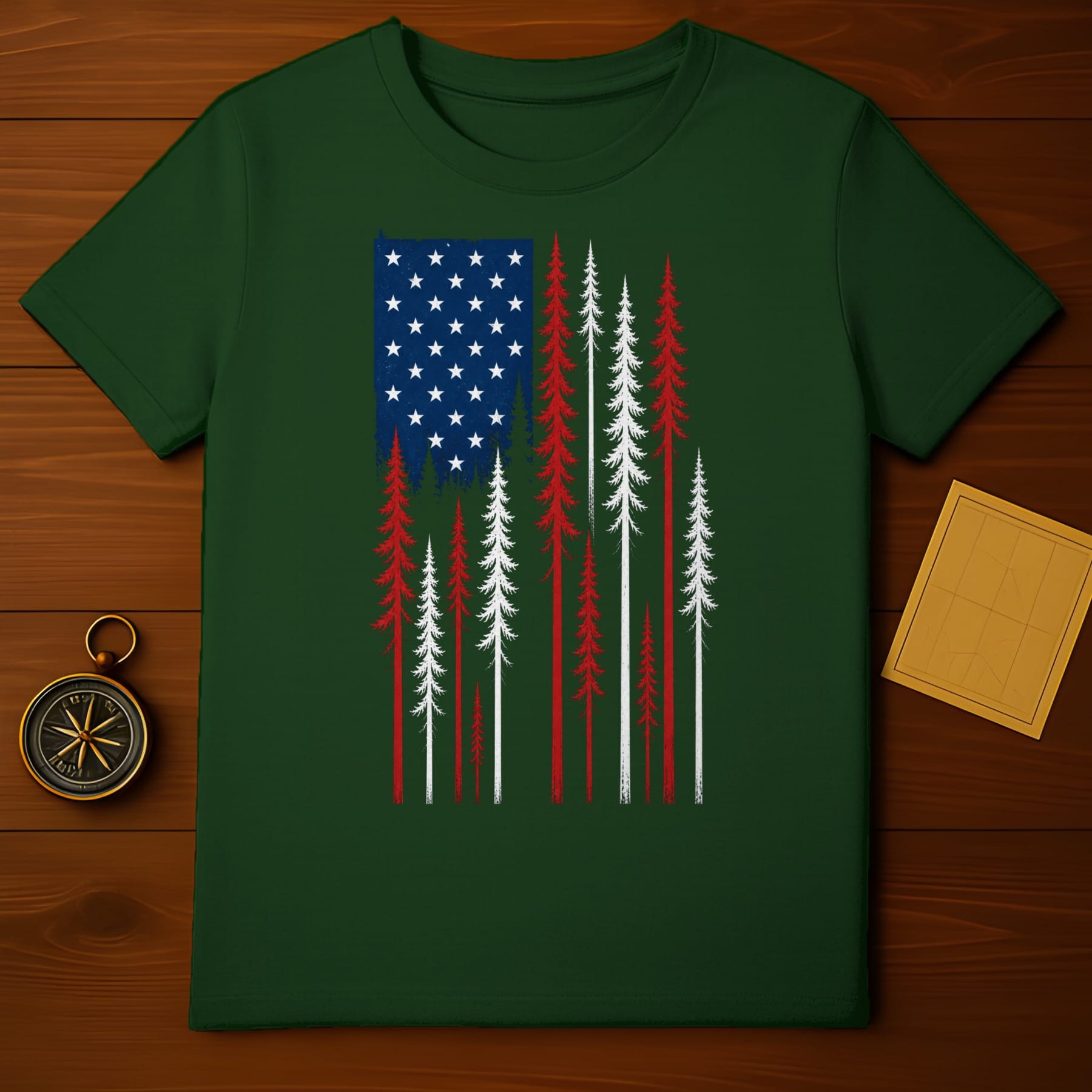 Green t-shirt with distressed US flag motif and evergreen trees.