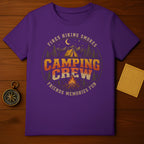 Purple t-shirt with "Camping Crew" graphic, campfire, tent, trees, and mountains.