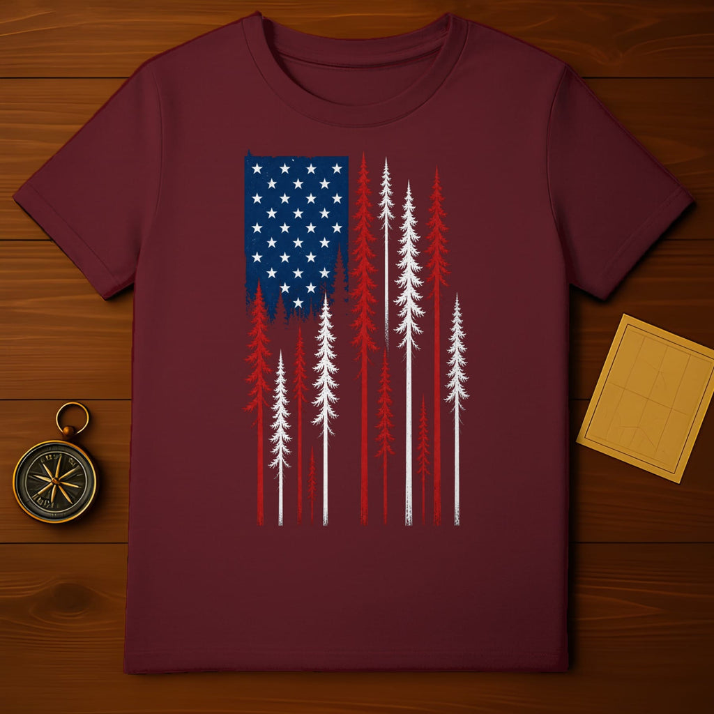 Maroon t-shirt with distressed American flag motif and pine trees.
