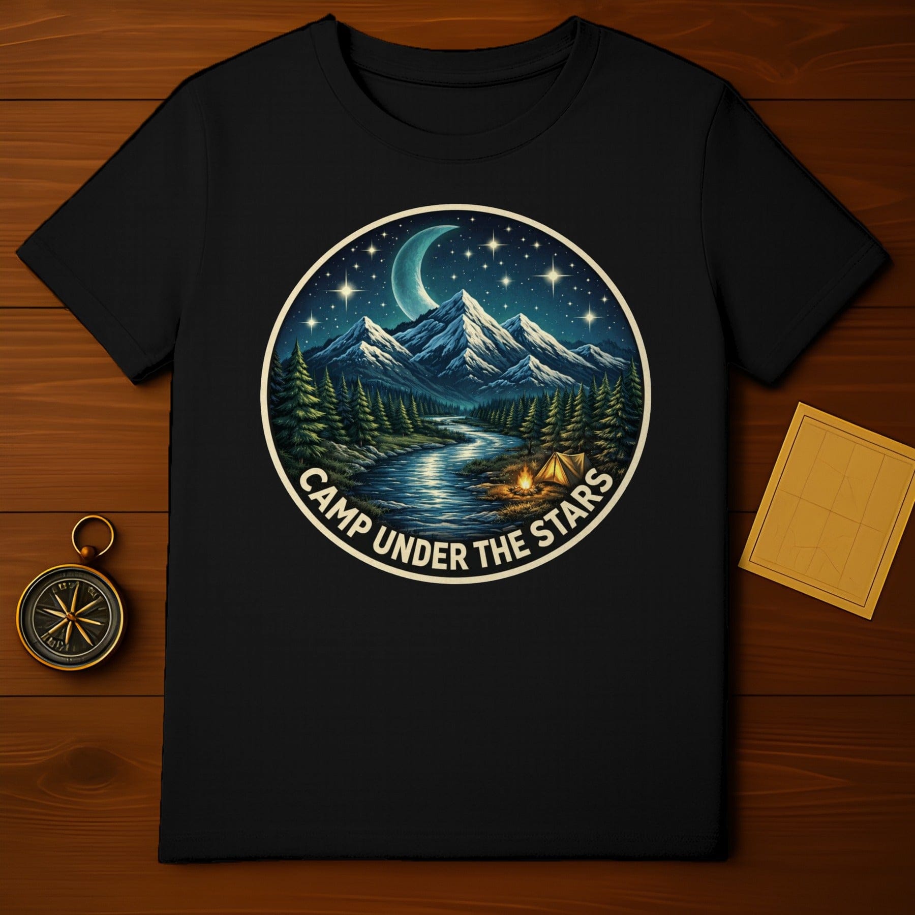 Camp Under The Stars Mountain Night Scene product type
Camping
Outdoor
Adventure
Mountain
Night Sky
Stars
Moon
Forest
River
Campfire
Tent
Nature Lover
Explore
Wilderness
Graphic Tee
T-shirt
Apparel
Travel
Outdoorsy
Landscape