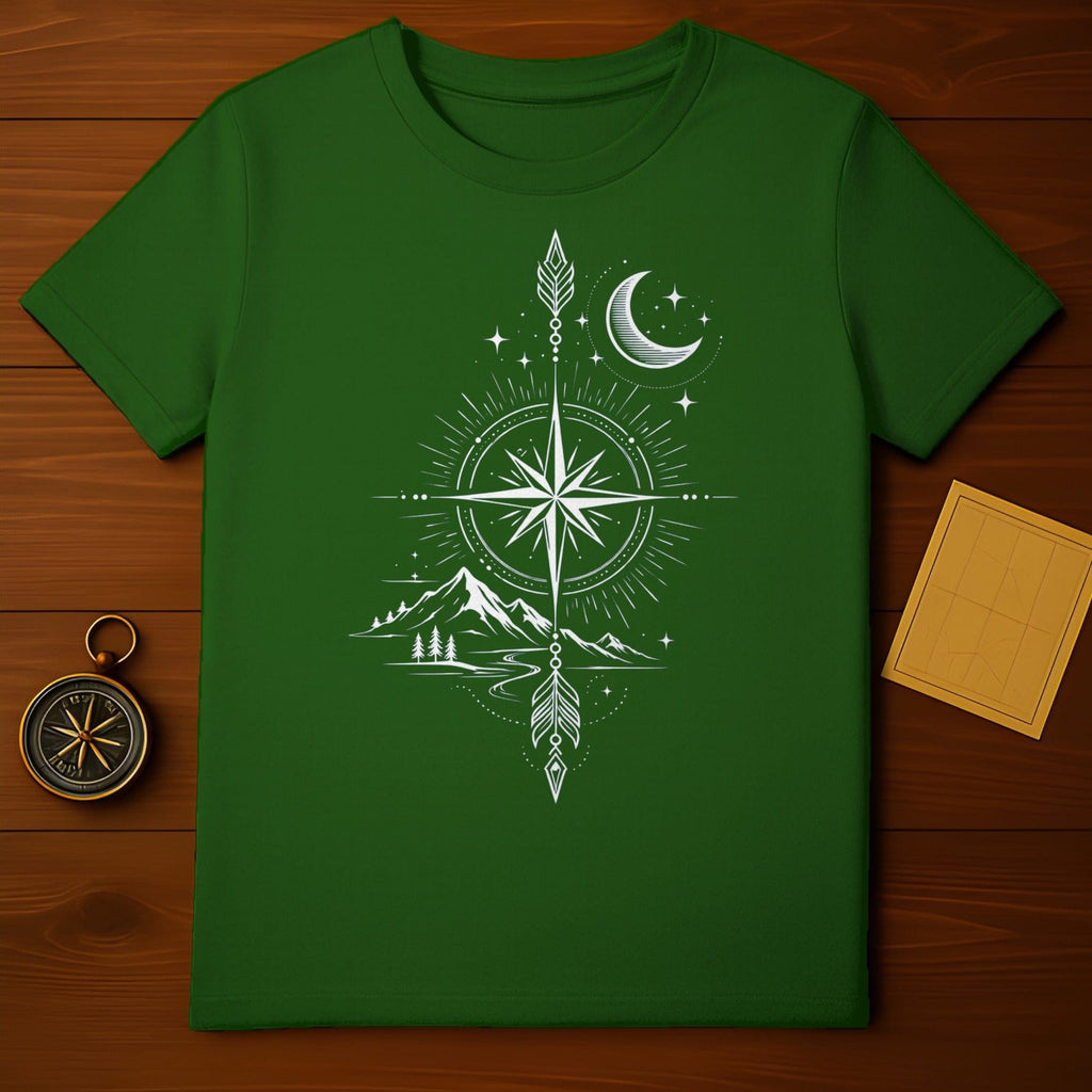 Celestial Compass and Mountain Design Green T-Shirt