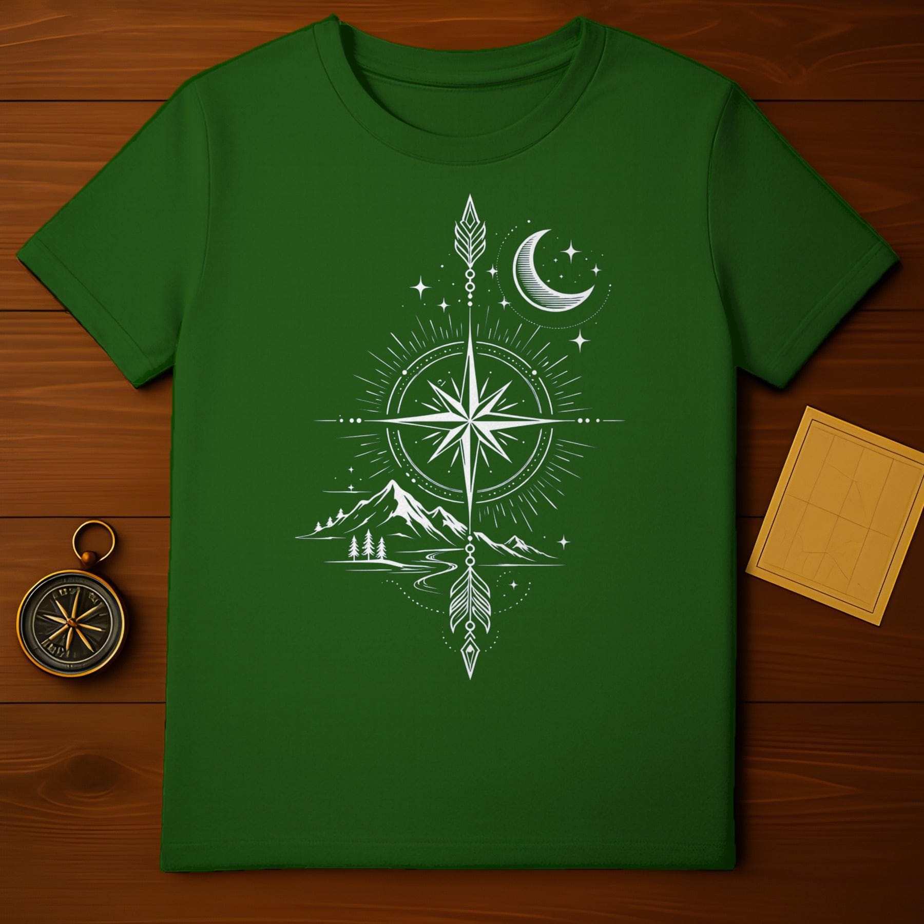 Celestial Compass and Mountain Design Green T-Shirt