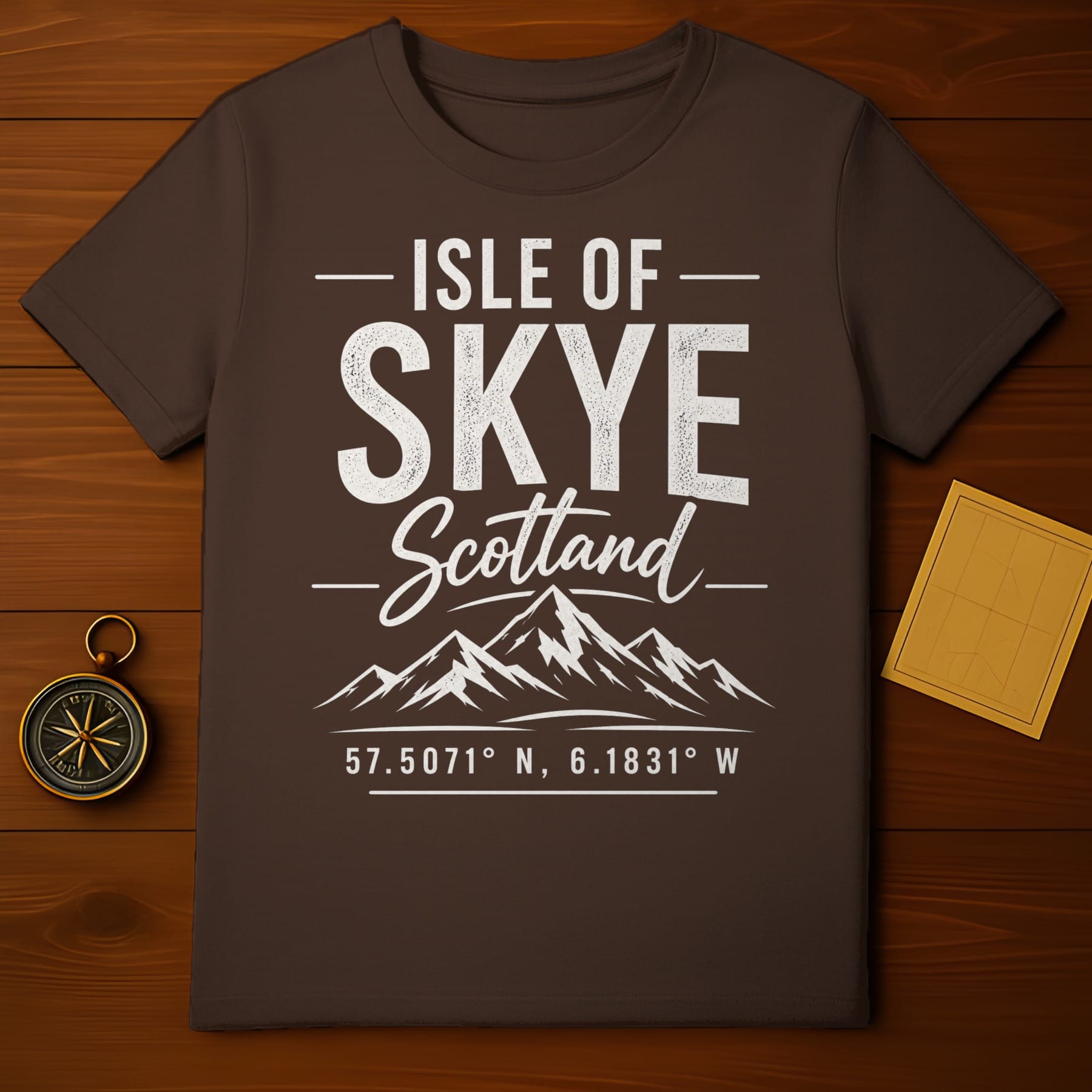 Brown t-shirt with "Isle of Skye Scotland" and mountain graphic.