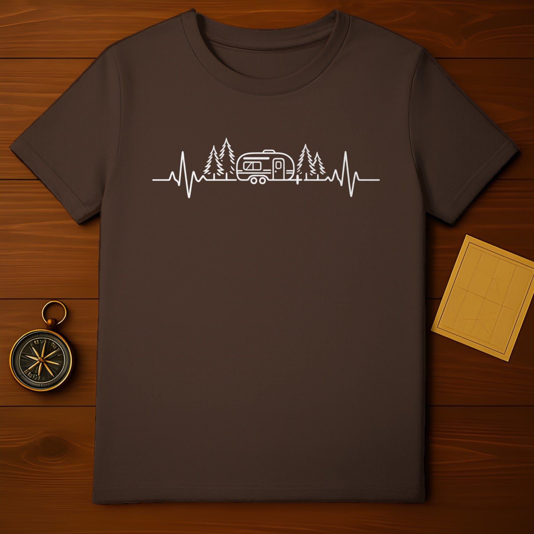 Camper Trailer Heartbeat Graphic on Brown Shirt