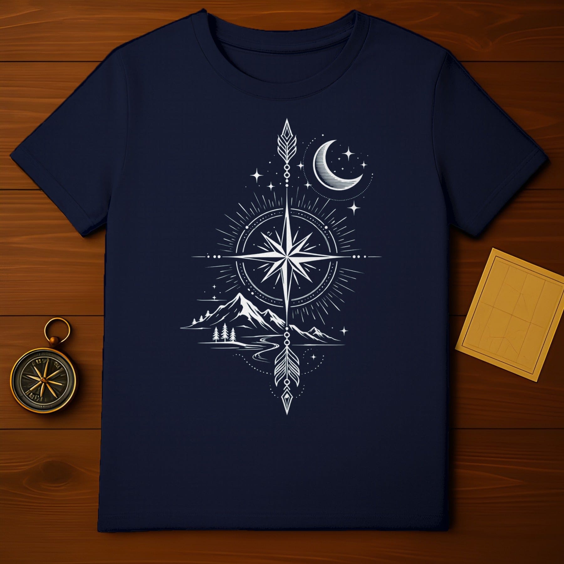 Starry Mountain Compass Moon Design T-shirt