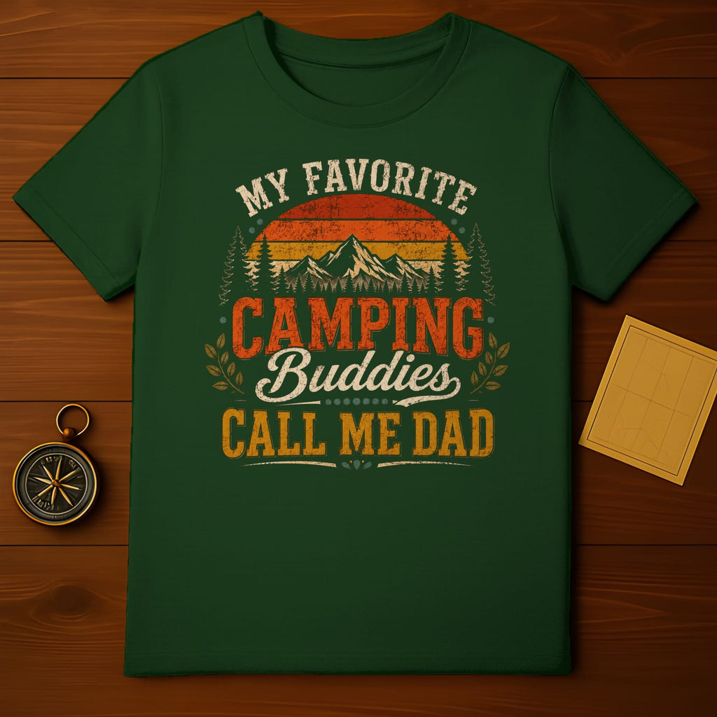 Green t-shirt with "My Favorite Camping Buddies Call Me Dad" text and vintage mountain graphic.