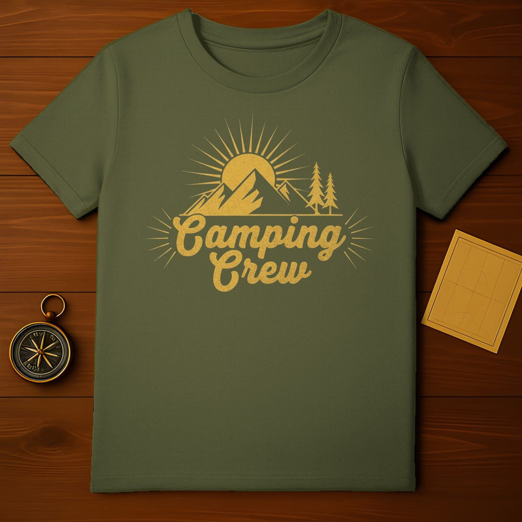 Stylish Camping Crew T-Shirt with Sun and Mountain Design