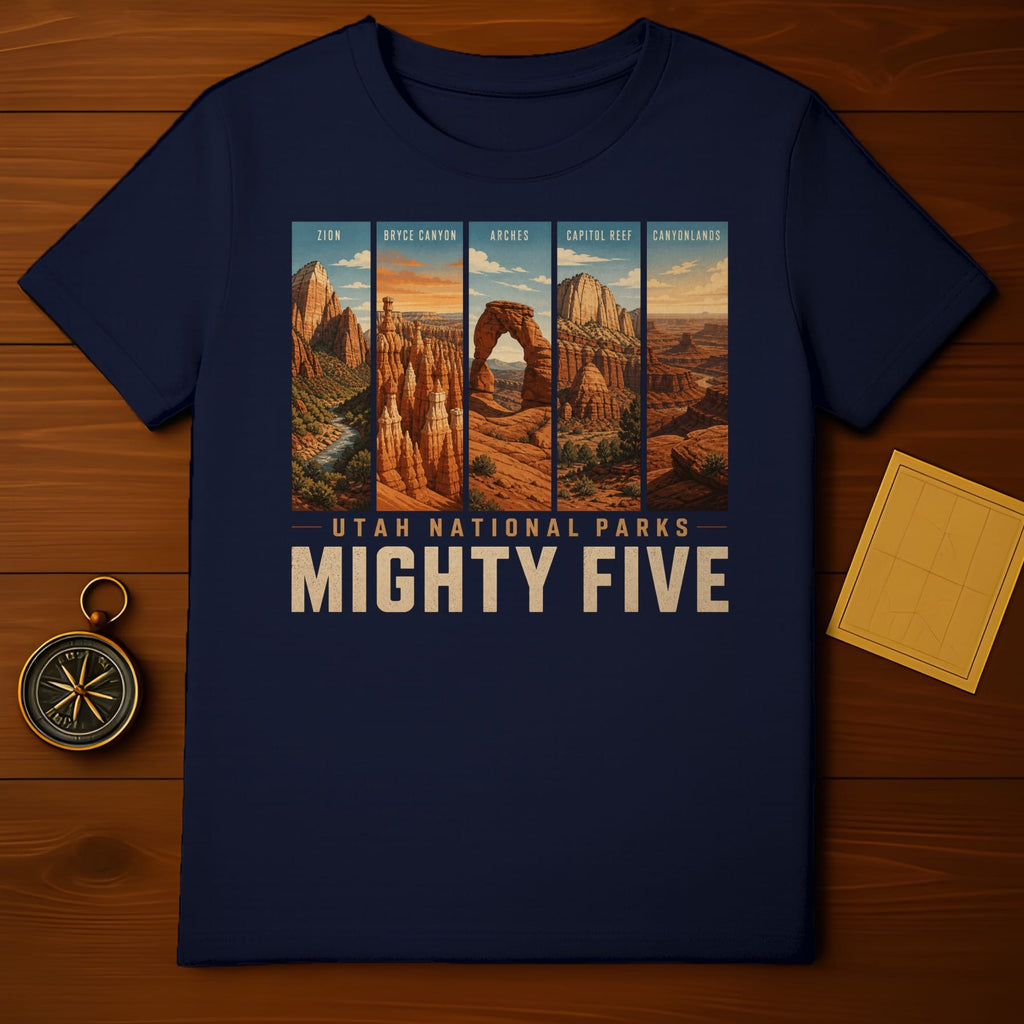Navy t-shirt featuring "Utah National Parks Mighty Five" with scenes from Zion, Bryce Canyon, Arches, Capitol Reef, Canyonlands.