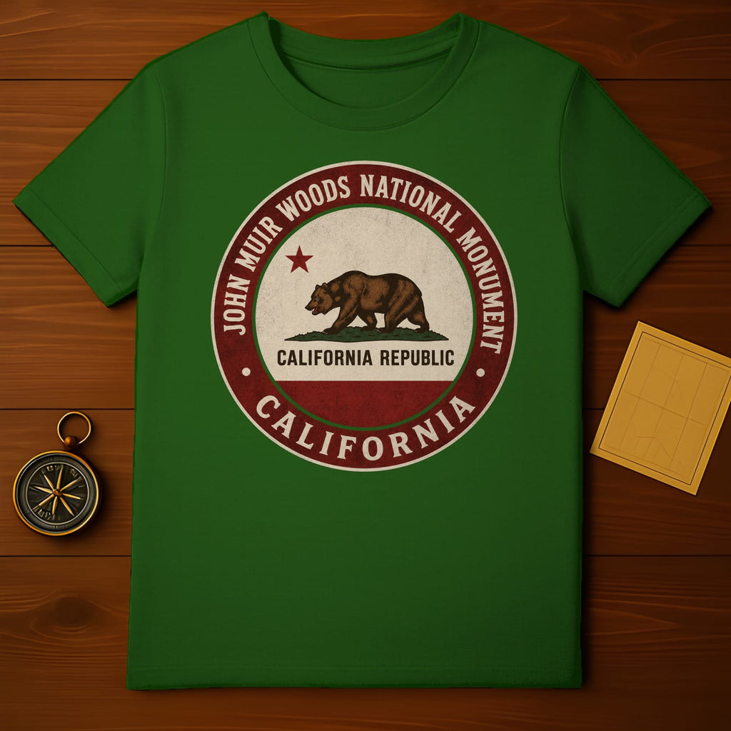 Green t-shirt with John Muir Woods National Monument California Republic emblem.