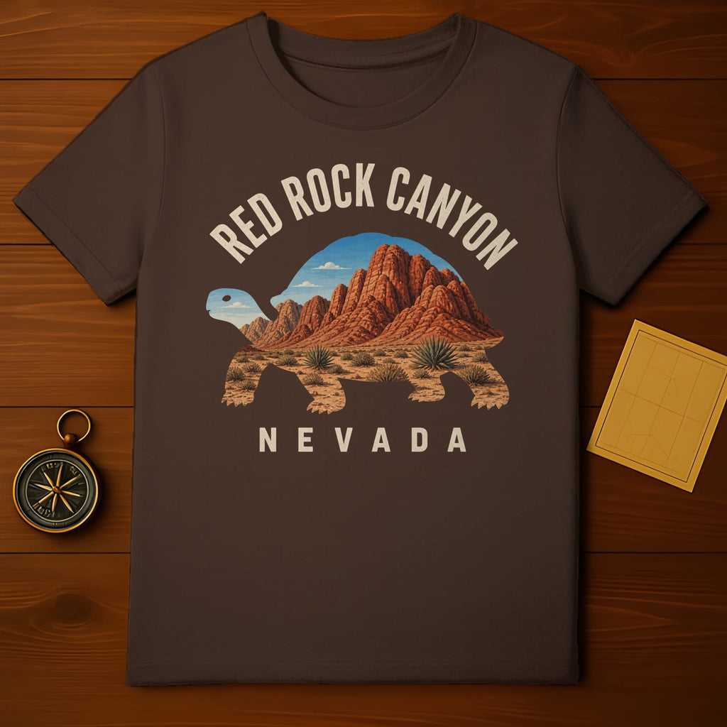 Brown t-shirt with a Red Rock Canyon turtle graphic and "NEVADA" text.