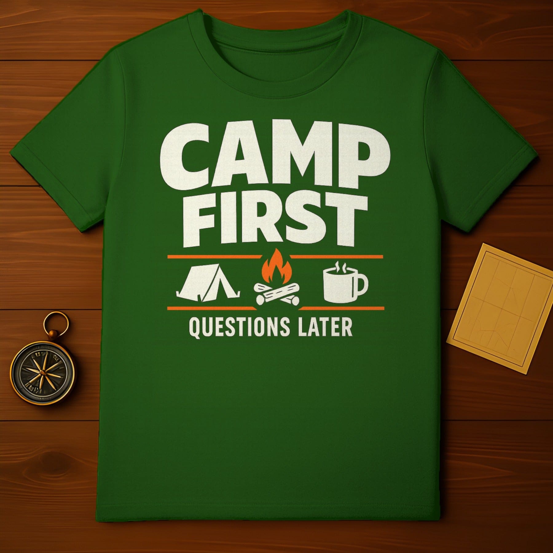 Camp First Questions Later Graphic T-Shirt