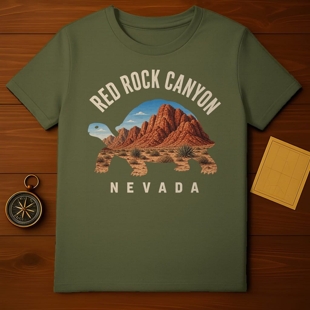 Green t-shirt with "Red Rock Canyon Nevada" text and desert landscape featuring a tortoise.
