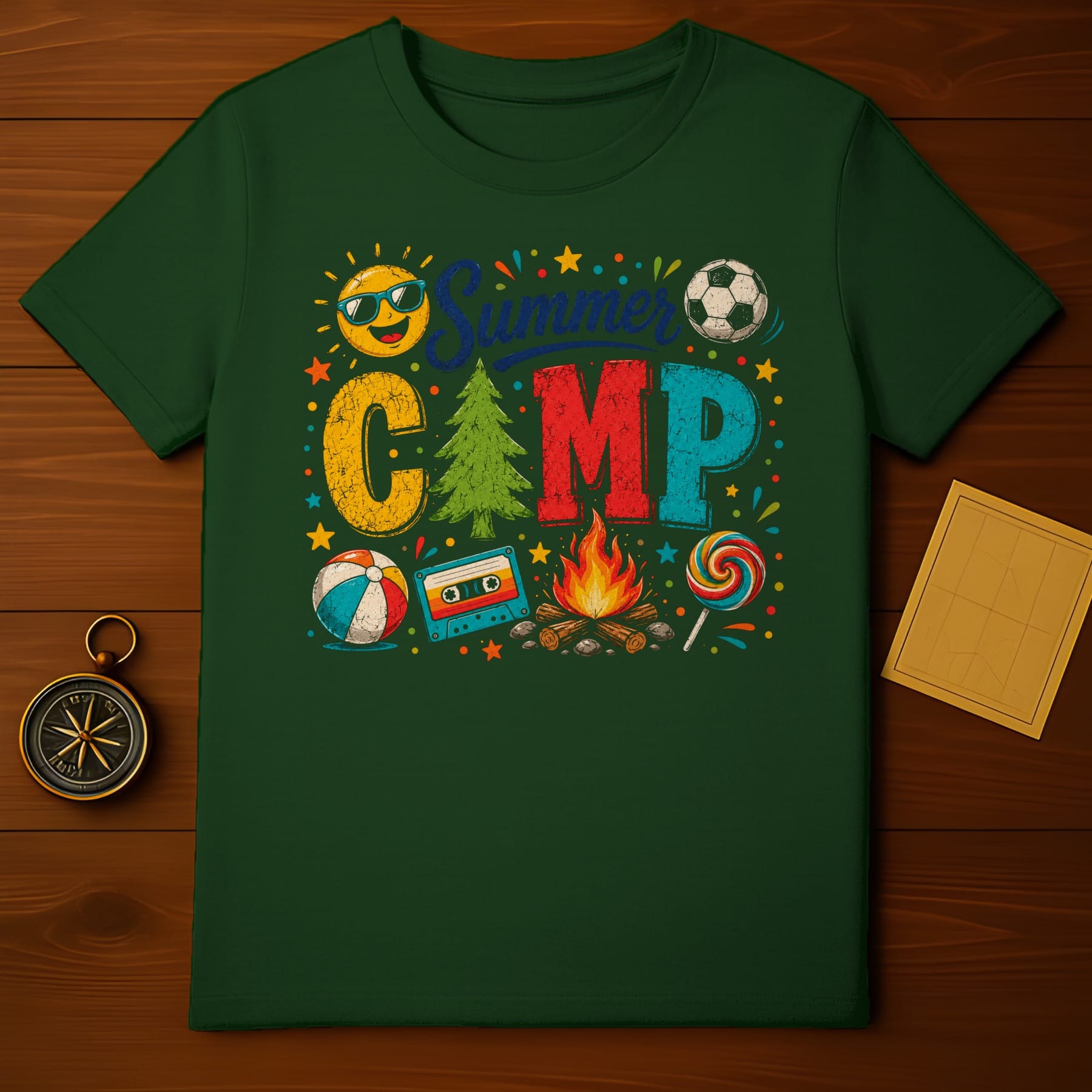 Green t-shirt with "Summer CAMP" text and camp icons: sun, soccer ball, beach ball, cassette, campfire, lollipop.