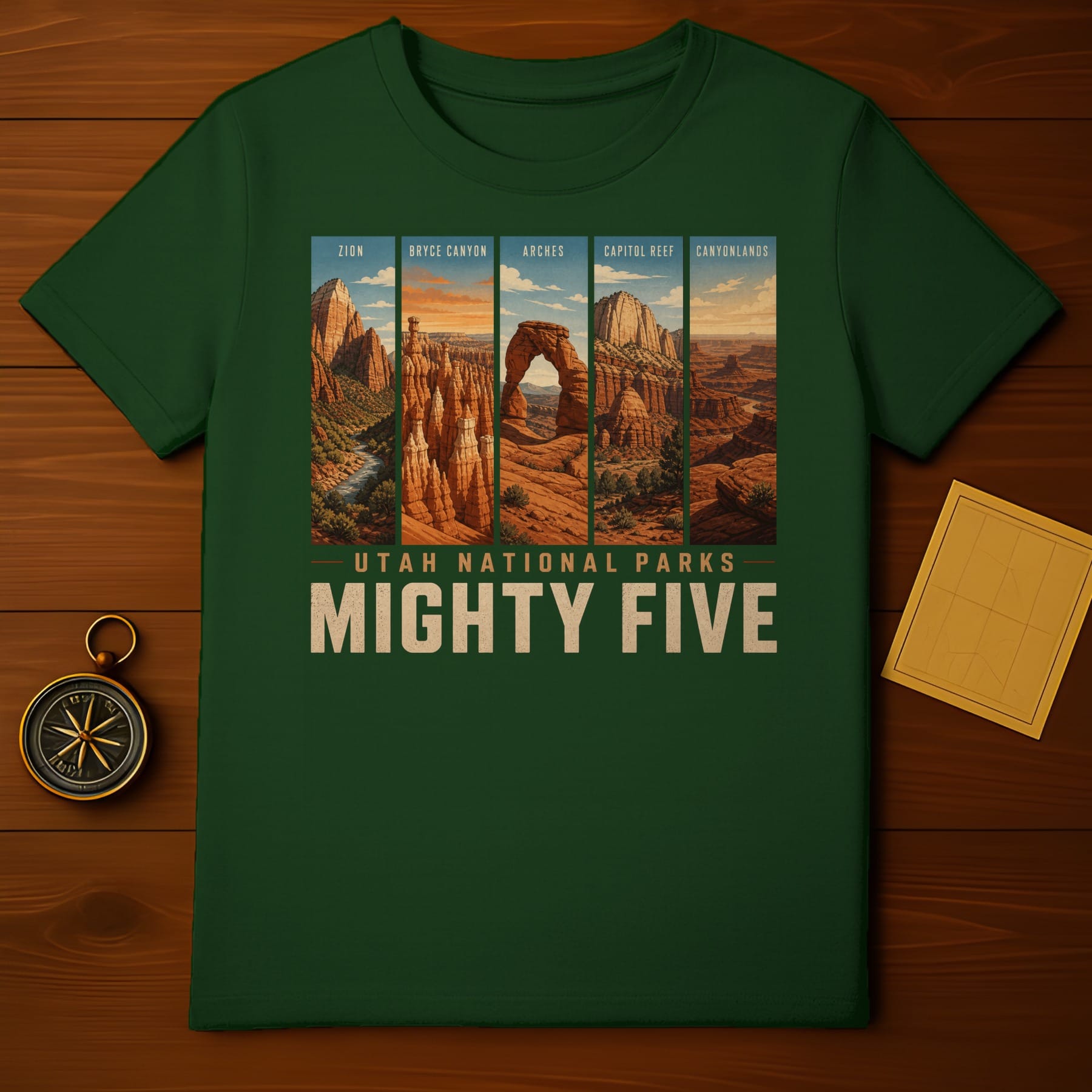 Dark green t-shirt with "Mighty Five Utah National Parks" text and scenic park images.