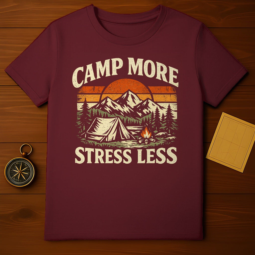 Camp More Stress Less Mountain and Tent Design Shirt