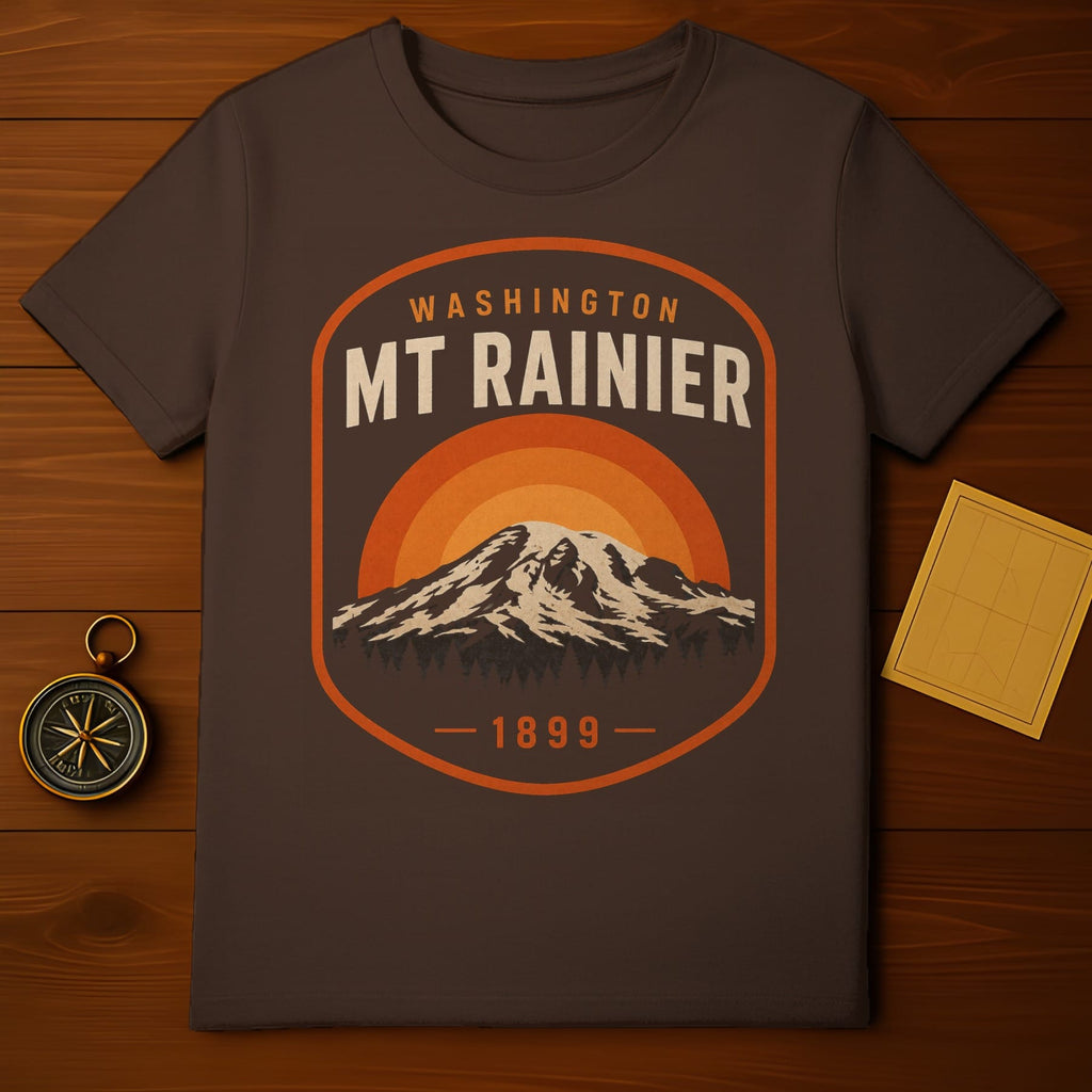 Brown t-shirt featuring Mt. Rainier sunset graphic and "Washington" text.