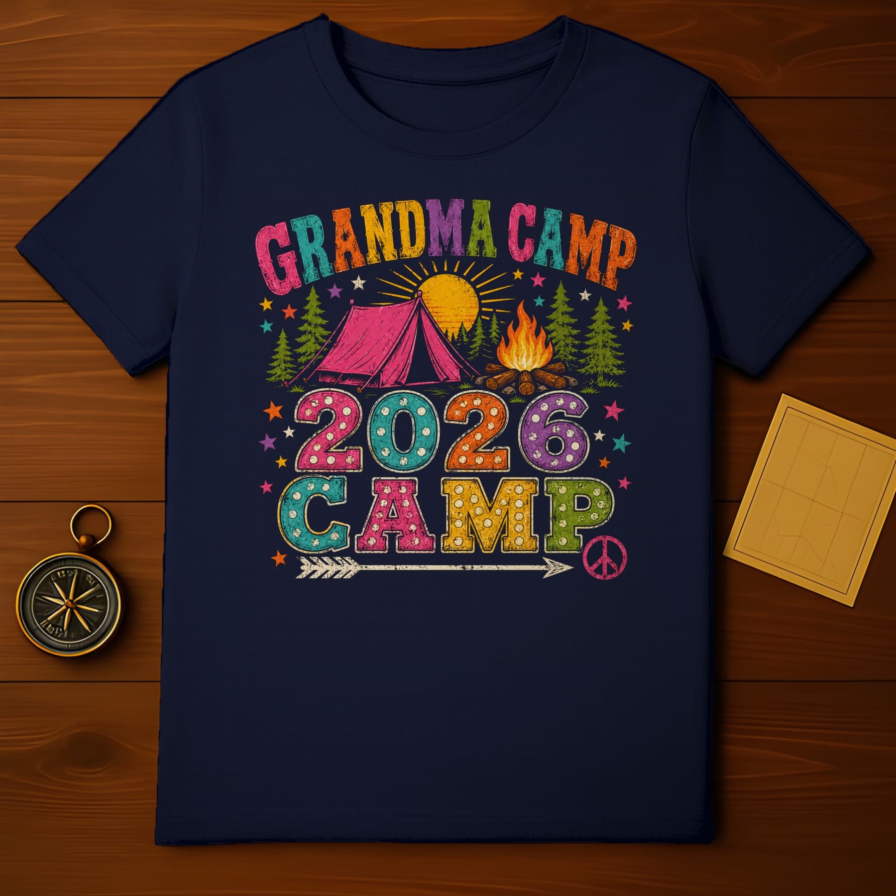 Grandma Camp 2026 graphic with tent, campfire, and trees.