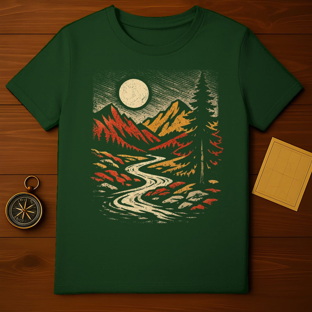Scenic Mountain Forest Night Design on Green Shirt