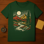 Scenic Mountain Forest Night Design on Green Shirt