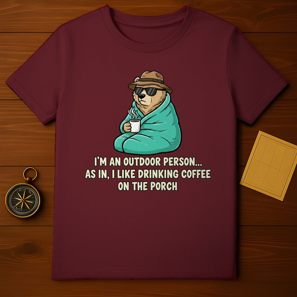 Funny Bear Drinking Coffee on the Porch T-Shirt