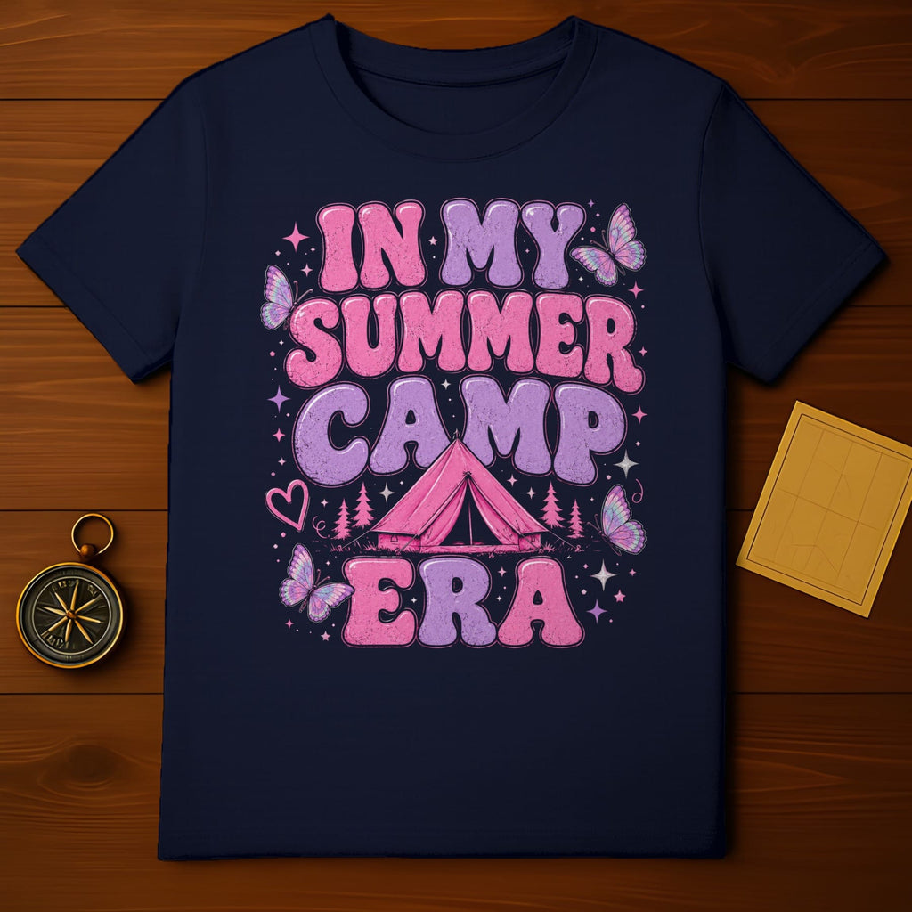 Dark navy t-shirt with "In My Summer Camp Era" text, tent, and butterflies.