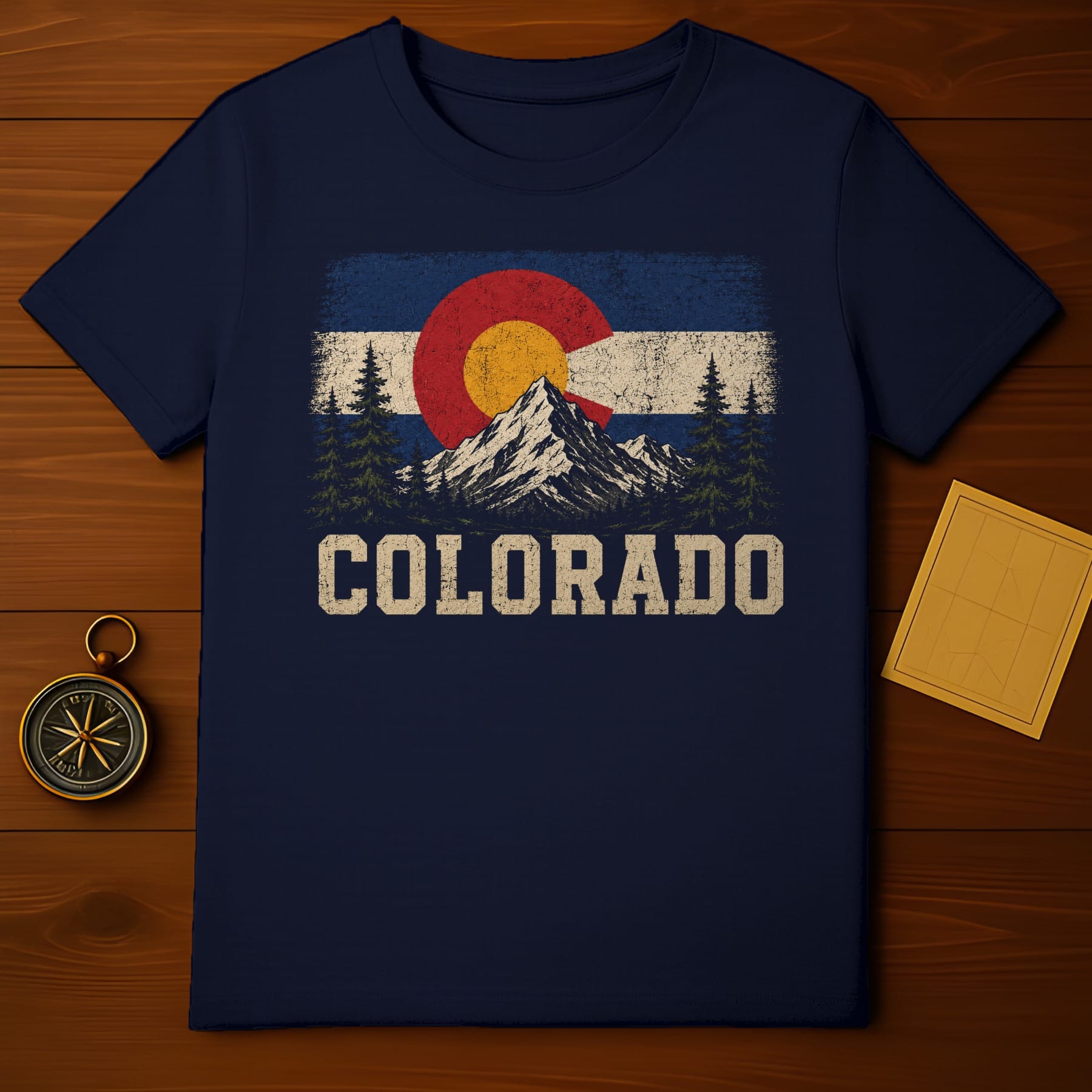 Navy t-shirt with Colorado flag, mountains, trees, and "COLORADO" text.