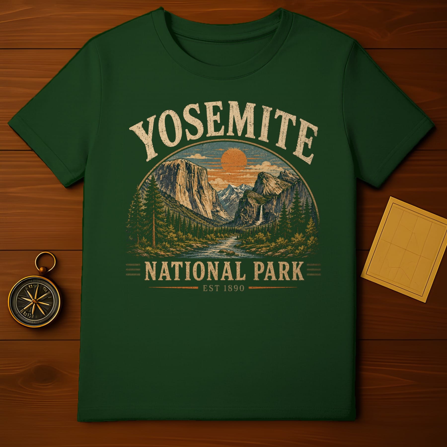Green t-shirt with a Yosemite National Park graphic, est. 1890.