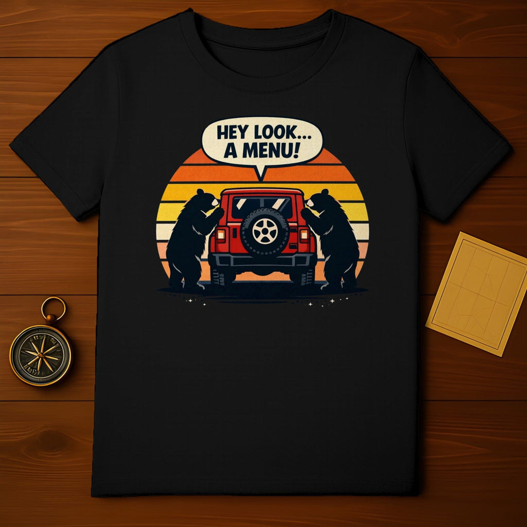 HEY LOOK A MENU Funny Bear Adventure T-Shirt