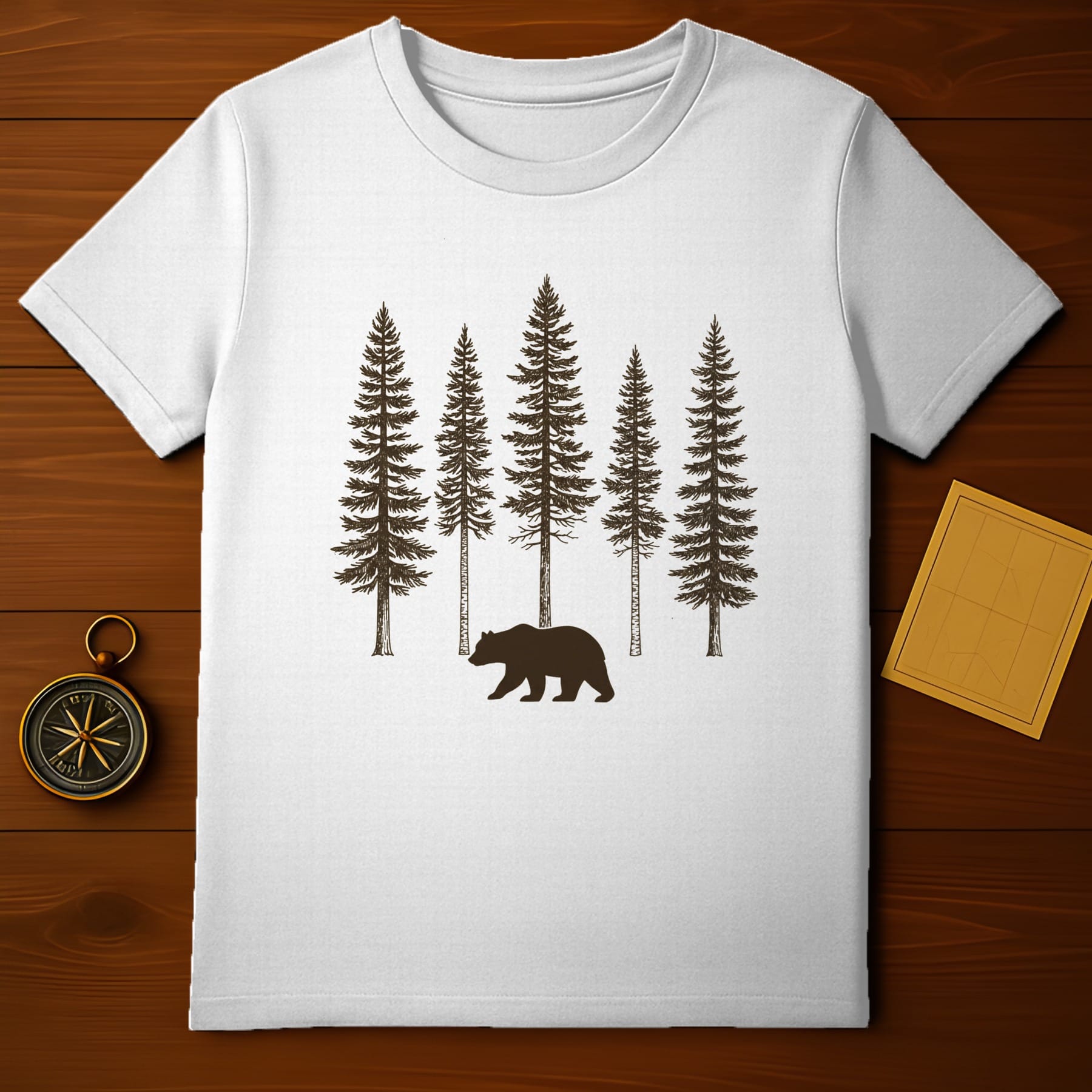 Bear and Forest Graphic on White T-Shirt Product