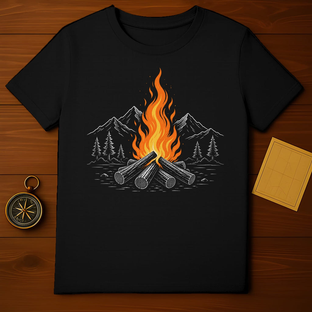 Black t-shirt with a campfire illustration, trees, and mountains.