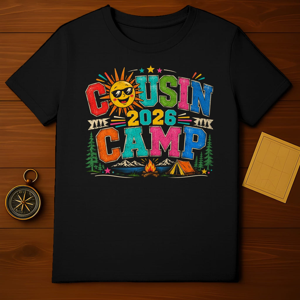 Black t-shirt with "Cousin 2026 Camp" and camping scene graphics.