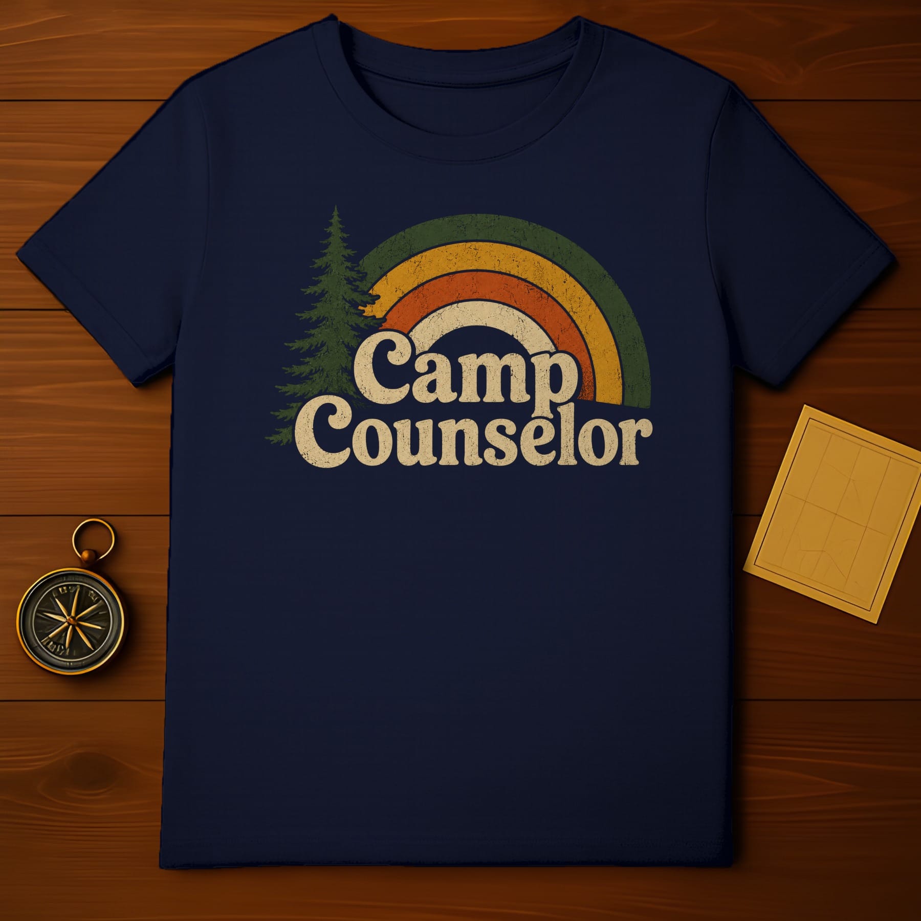 Navy t-shirt with embroidered retro rainbow and "Camp Counselor" text.