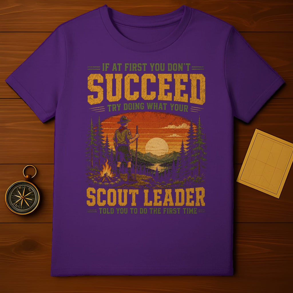 Purple t-shirt with text "If at first you don't succeed try doing what your Scout Leader told you to do the first time".