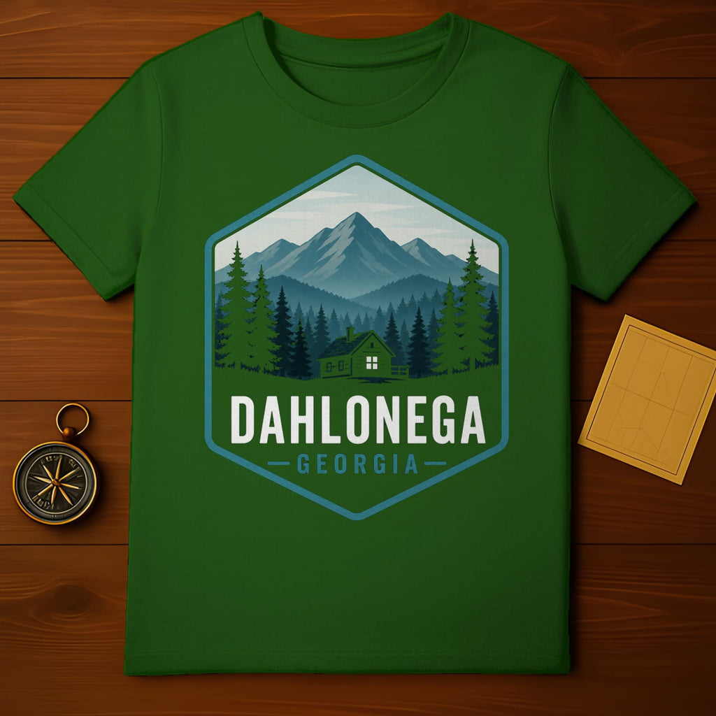 Green t-shirt with Dahlonega Georgia mountain cabin design.