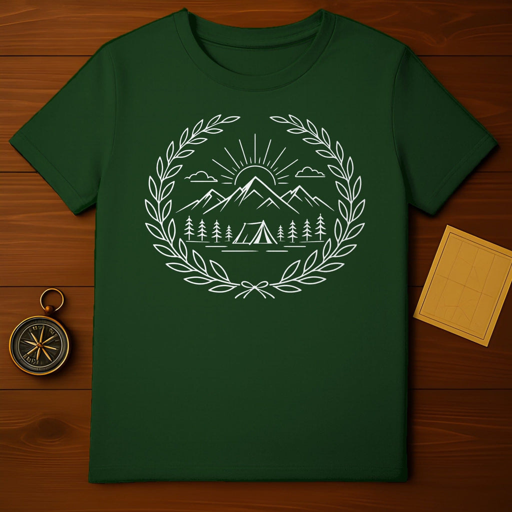 Mountain Adventure Camping T-Shirt with Artistic Design