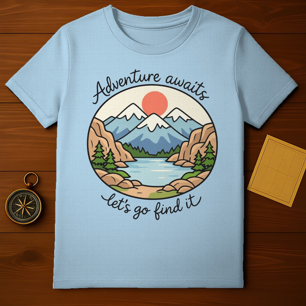 Adventure Awaits Let's Go Find It Mountain Lake Scene product type
T-Shirt
Apparel
Adventure
Mountains
Lake
Nature
Outdoor
Hiking
Explore
Travel
Camping
Graphic Tee
Inspirational
Quote Shirt
Landscape
Scenic Design
Pine Trees
Sun Graphic
Light Blue
Outdoorsman