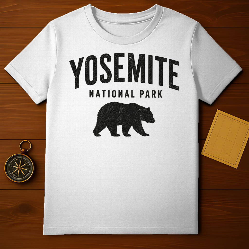 White t-shirt with black "Yosemite National Park" text and bear silhouette.